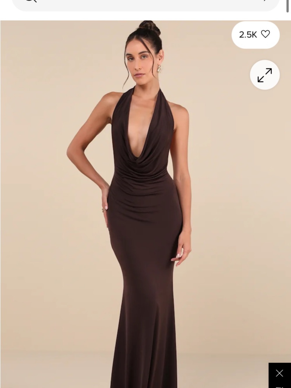 Lulu's One-Shoulder Cowl Neck Gown in Dark Brown